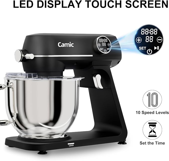 8.45 QT All Metal Stand Mixer,10 Speed Large Capacity Kitchen Mixer with Digital Timer & Tilt-Head, Electric Mixer with Whisk Dough Hook Mixing Beater for Baking,Cakes,Cookie,Bread,Salad (Black)