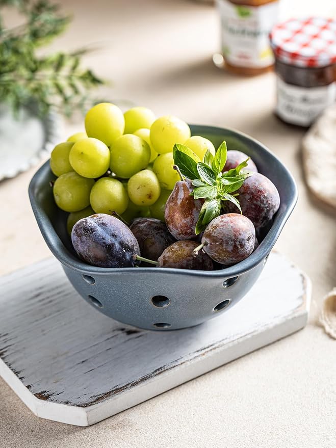 Gomakren Fruit Basket Set of 2, Ceramic Fruit Bowl Berry Basket with Holes, 7.6 Inch Fruit Containers Colander for Fridge - Farmhouse Kitchen Decor, Slate Blue