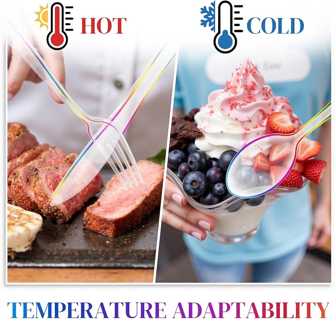 180 PCS Rainbow Plastic Silverware - Clear Colorful Cutlery Disposable Heavy Duty Include 60 Forks, 60 Knives and 60 Spoons - Colorful Disposable Utensils for Trolls Party/Birthday Party