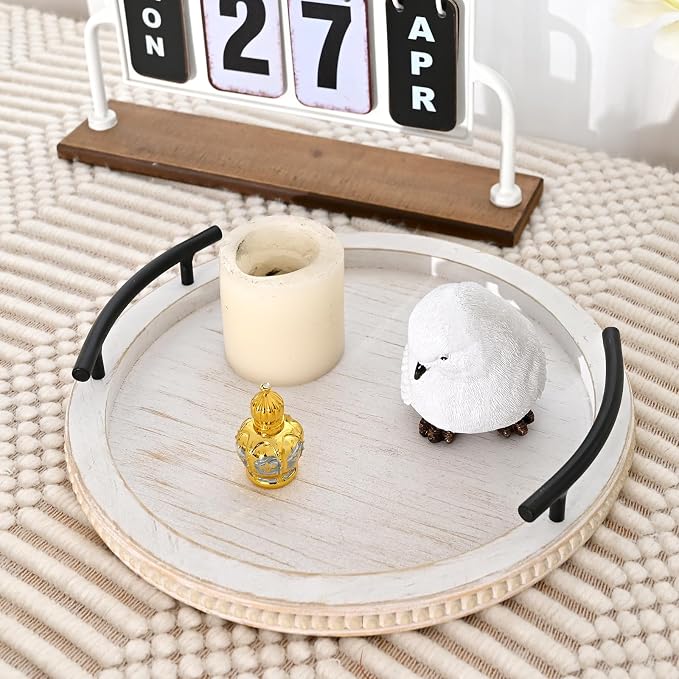 SwallowLiving White Wooden Beaded Serving Tray with Handle Decorative Rustic Whitewashed Tray for Coffee Table Farmhouse Round Tray for Kitchen, Living Room and Bedroom