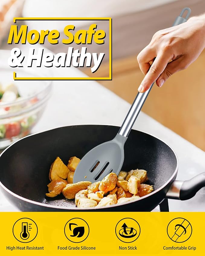 BUNDLEPRO Silicone Cooking Spoons for Non Stick Cookware, 2 Pack, Grey | Heat Resistant, Large Kitchen Spoons for Mixing, Serving, Draining, Stirring