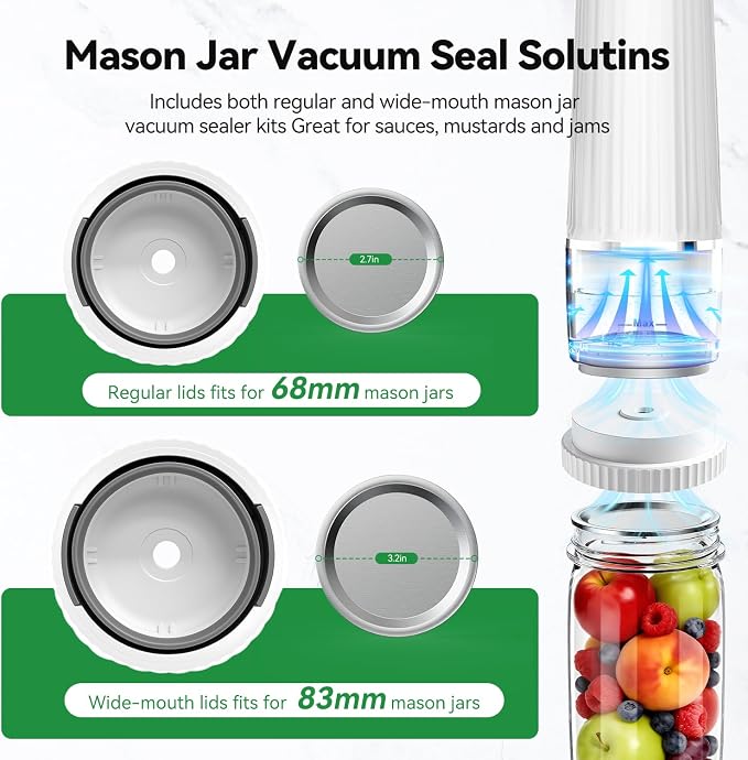 80kPa Vacuum Sealer for Food, Compact&Handheld Sealer for Meal Prep | 2000mAh Vacuum Sealer Machine, Cordless & Rechargeable Mason Jar Vacuum Sealer for Food Storage White(30Bags+30 Mason Lids)