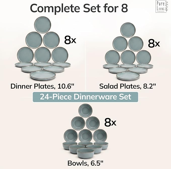 Stoneware dinnerware set 8 persons Rustic 24 pcs - Rustic design dinnerware set, dishwasher safe - Bowl and plate set - Pure Living dinnerware in smoky blue…