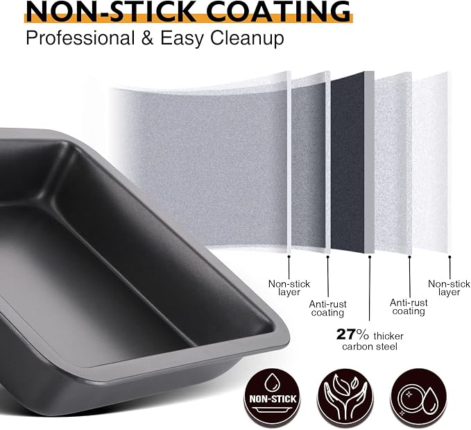 8x8 Cake Baking Pan Set, Nonstick Square Brownie Pans with Wider Grips, 2 Pieces, Heavy Duty, Grey