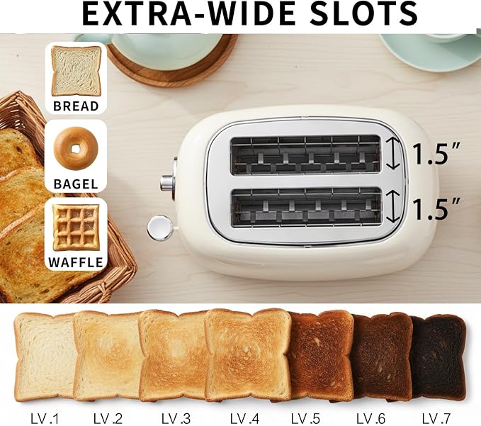 Retro 2-Slice Toaster, Stainless Steel, Beige | Wide Slots, 7 Bread Shade Settings, Bagel, Cancel, and Defrost Functions, Removable Crumb Tray, Retro Kitchen Appliances