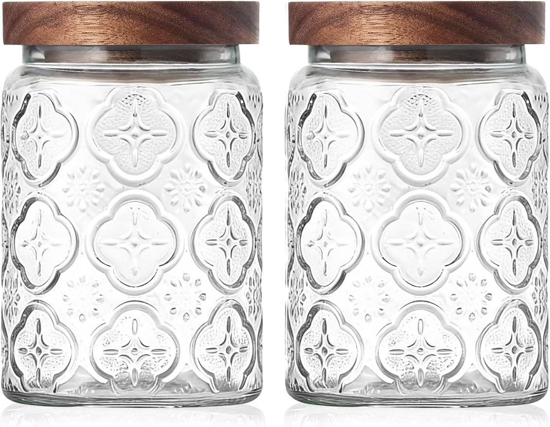 Vintage Glass Jar with Wood Lid - Christmas Airtight Canisters for Kitchen Countertop Bathroom, Storage Candy, Cookie, Coffee, Apothecary, Sugar, Flour,Pet Treat (2 X Begonia, 24oz/700ml)