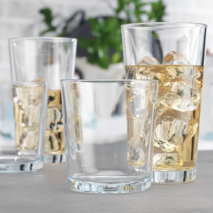 Glaver's Drinking Glasses Set of 12. Glassware set, 6 Highball Glass Cups, 6 Whiskey glasses. Classic Drinkware Set 17 oz Tall Glasses Set and 13 oz Rock Glasses.