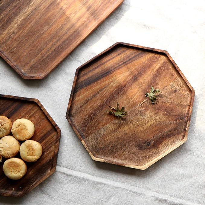2 Acacia Wooden Trays Serving Platter Cheese Veggie Round Charcuterie Board | 2Pcs Wood Charger Plate Square Decorative Tray for Food Cookie Platter Hosting Christmas Cute Circle Bread Charcuterie Board