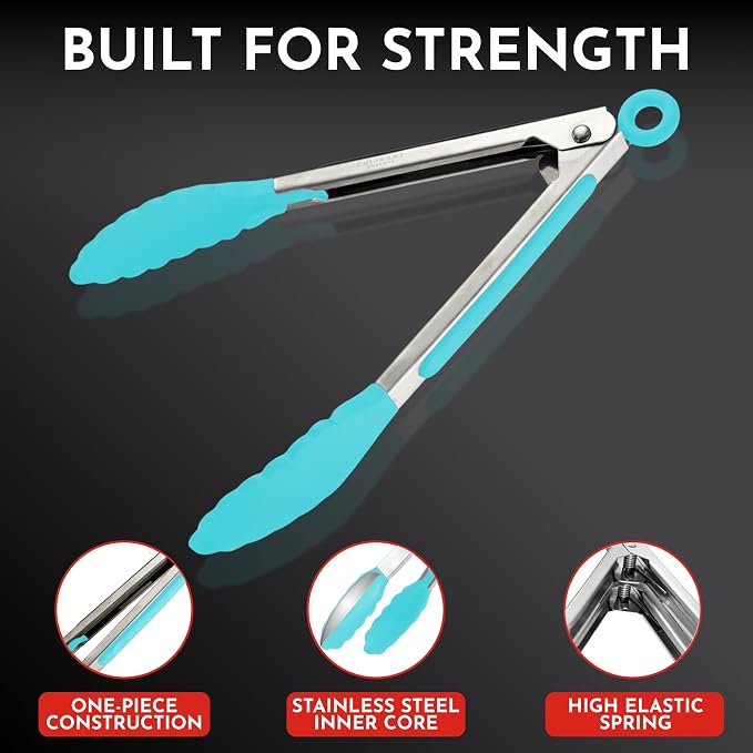 Kitchen Tongs - 12, 9 & 7 Inch Locking Silicone Tongs for Cooking, Set of 3 | Aqua Tongs with Silicone Tips, Heat Resistant Tongs for Grilling, Serving, Mixing