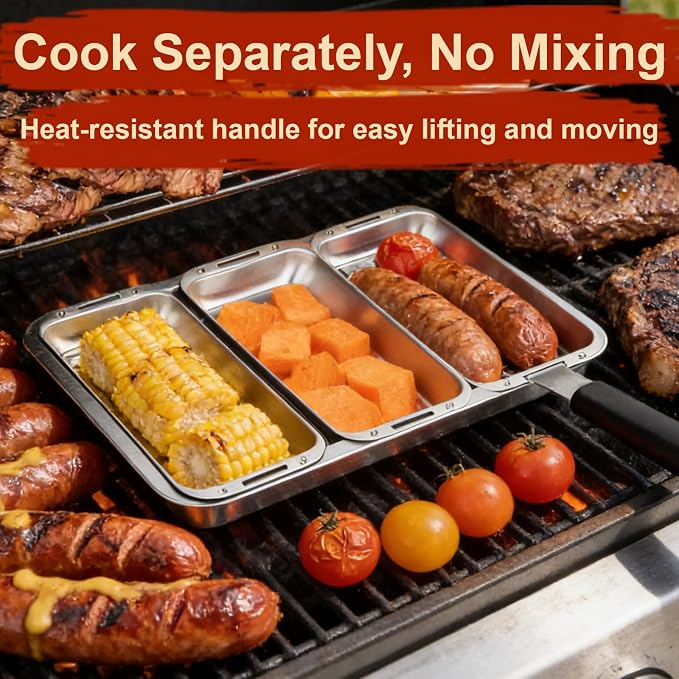 BBQ Vegetable Grill Basket Set, 4 Piece Stainless Steel Grill Pan Set with Universal Handle & lid, Dishwasher Safe, for Outdoor Cooking, Camping, Picnic, For Grilling Fish Veggies & Meats