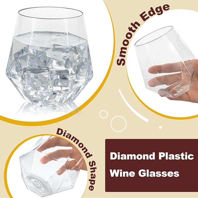 Goodluck 40 PCS 12oz Diamond Stemless Clear Plastic Wine Whiskey Glasses | Disposable Cocktail Glasses, Suitable for Weddings, Birthday Parties, Family Gatherings, Bars, etc