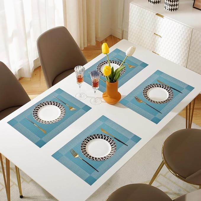 Vinyl Placemats Heat-Resistant Table Mats Washable Easy Clean Plastic Placemat for Kitchen Dining Table Set of 6 Indoor Outdoor (Baby Blue)