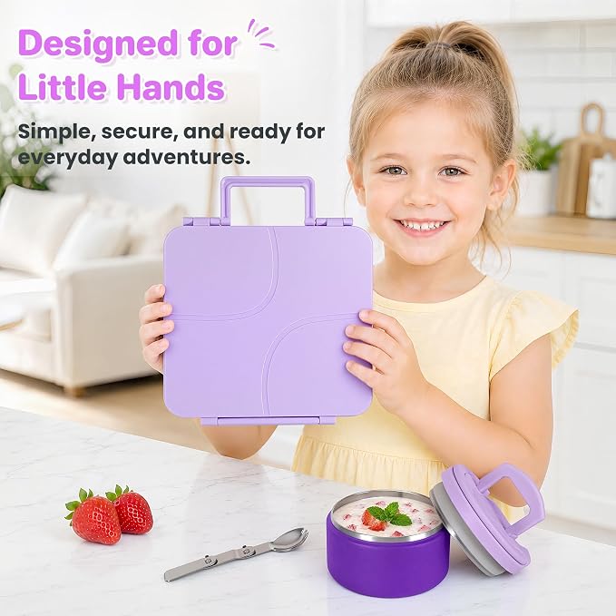Bento Lunch Box for Kids with 8oz Soup Thermo,Kids Leakproof Lunch Food Containers with 4 Compartment,Kid Insulated Thermo Hot Food Jar for School,Trvael-Purple