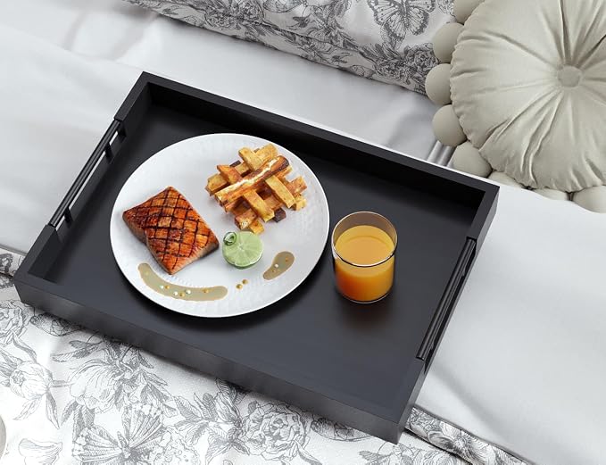 Fibogollo Set of 2 Bamboo Serving Trays with Metal Handles(Black) | Ottoman Decorative Trays Platter for Coffee Table,Living Room,Bar,Party,Holiday Hosting and Outdoor Entertaining