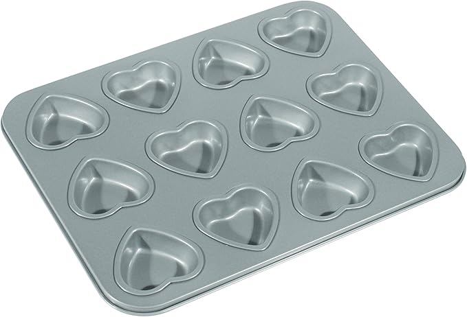 Fox Run Mini Heart Muffin Pan, 12-Cup, Preferred Non-Stick, Gray | Make Mini Heart Muffins & Cupcakes | Baking Pan For Valentine's & Date Nights | Easy Rlease Nonstick | Makes 12 Mini Hearts