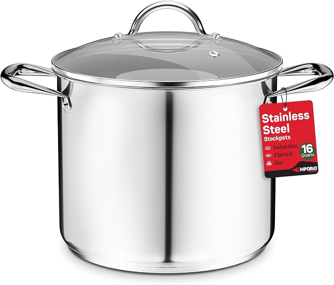 Stainless Steel Stockpot with Tempered Glass Lid 16 Quart, Durable 18/0 Stainless Steel, Impact-Bonded Base for Even Heating, Riveted Handles, Oven & All Stove Compatible, Safe Up To 500°F (260°C)