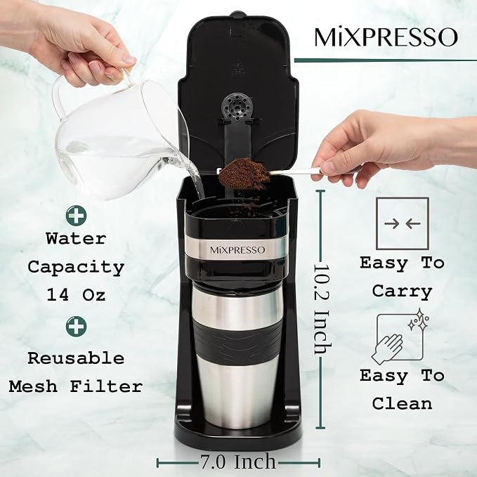 Mixpresso Single Serve & Single Cup Coffee Maker with 14oz Travel Mug Black | For ground coffee only, reusable filter, auto shut off. Compact personal drip coffee maker, not compatible with K-Cup pods.