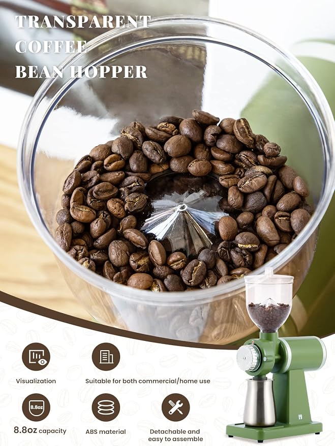 Huanyu 60mm Flat Burr Coffee Grinder, Retro Cream Green for Home Cafe | Stainless steel burr, 8 precision grind settings, 250g hopper, magnetic anti-splash outlet, sifting cup, for home cafe, 200w