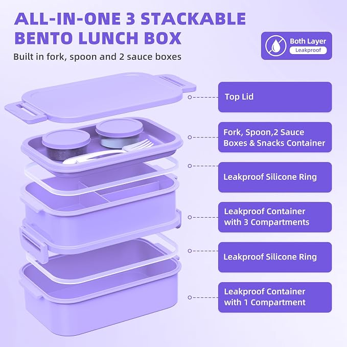 Adults Lunchbox Bento Box with Lunch Bag for Women-74 OZ All-in-One Stackable Lunch Box for Adults Kids Leakproof Bento Large Lunch Box Containers with Fork Spoon Sauce Box for Work School (Purple)