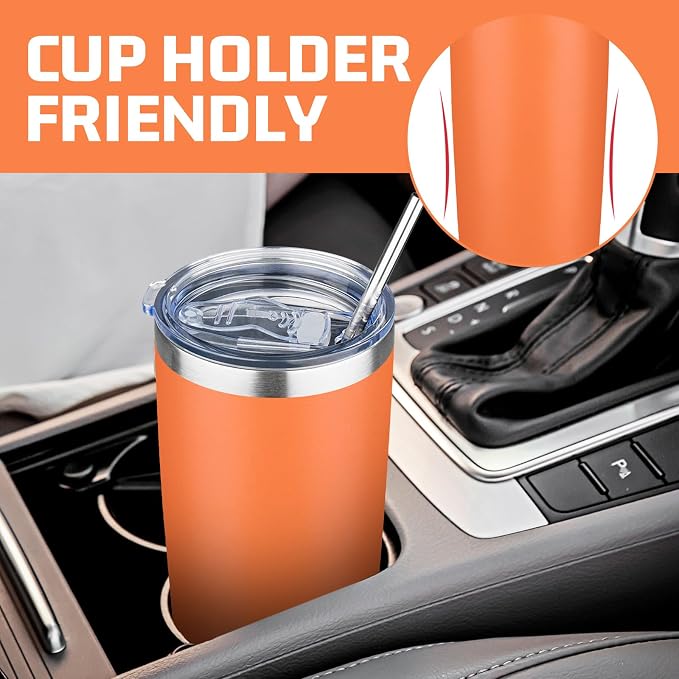 20 oz Tumbler with Lids and Straws, Stainless Steel Insulated Travel Coffee Mug, Double Wall Vacuum Insulated Tumblers, Powder Coated Coffee Tumbler for Cold & Hot Drinks (Orange)
