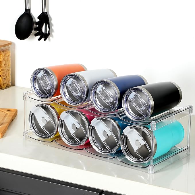 LARGER Compartment - 2 Tier Stackable Water Bottle Organizer Holder - for Stanley 40oz & Others' Large Tumbler - Clear Wine Rack, 8 Cup Bottle Holder for Cabinet Home Countertop Fridge Pantry Shelf