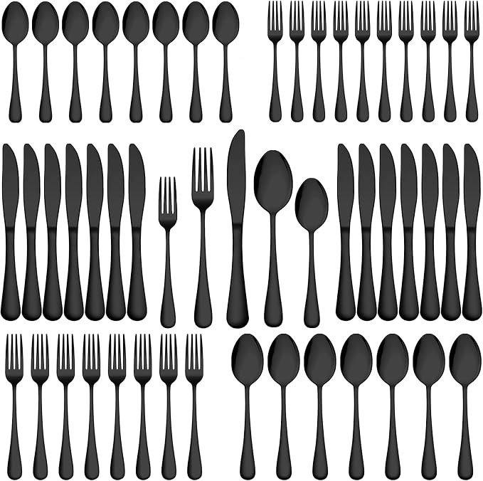 Wildone 40-Piece Black Silverware Set, Stainless Steel Flatware Cutlery Set Service for 8, Tableware Eating Utensils Include Knives/Forks/Spoons, Mirror Polished, Dishwasher Safe
