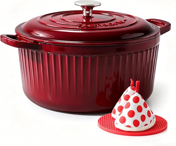 SENSARTE 5.5QT Dutch Oven with Lid, Enameled Cast Iron Dutch Pot Oven Safe | Casserole Dish for Bread Baking, Stock Pot for Stews, Braising, Features Moisture-Sealing Lid, Kitchen Essentials, Red