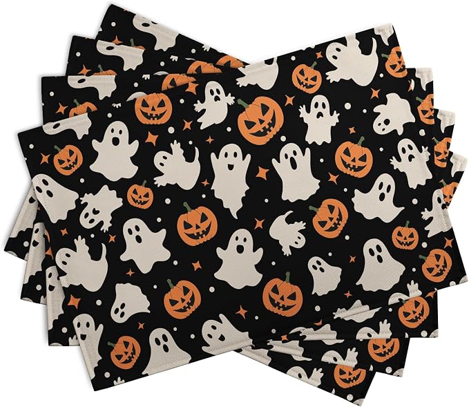 Halloween Placemats Set of 4 12x18 Inch Cute Ghost Pumpkin Table Mats Orange and Black Spooky Rustic Farmhouse Place Mat for Party Kitchen Dining Fall Decor