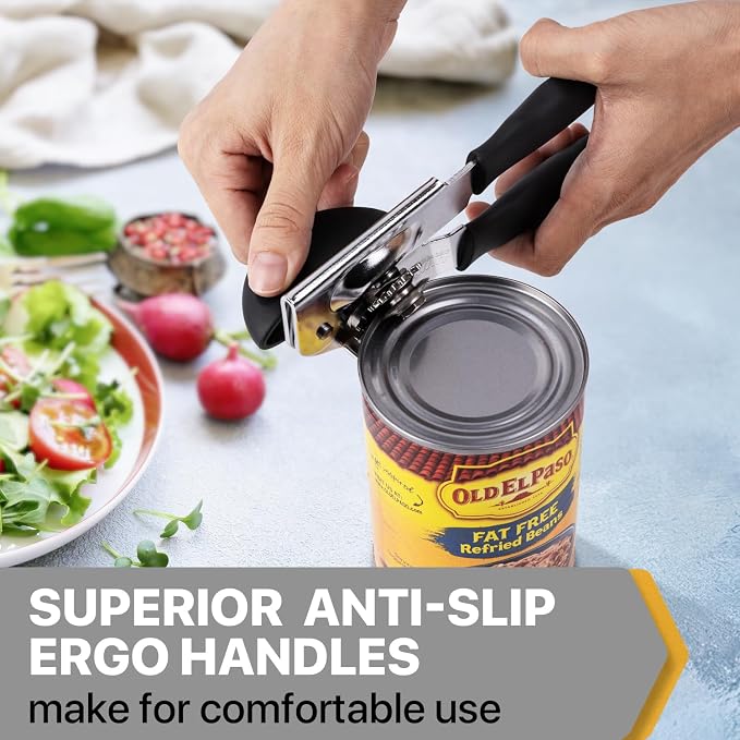 UHIYEE Heavy Duty Hand Can Opener with Comfortable Grip for Seniors, Black | Manual Can Opener, Hardened Steel Blade, Rubber-Coated Handle, Oversize Knob, Built-in Magnet & Bottle Opener