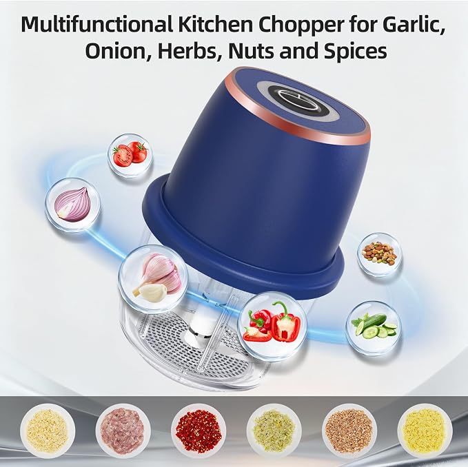 Electric Garlic Chopper 350ml Mini Food Processor Vegetable Chopper（Blue） | BPA-Free Glass Bowl 6-Blade Cutting Cordless & USB Rechargeabl Garlic Chopper Mini Chopper for Onion Herb Nut Easy to Clean