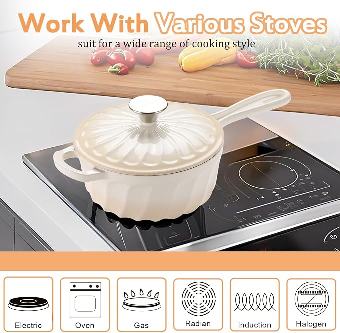 Enameled Cast Iron Sauce Pan with Lid, 2 Quart Saucepan with Lid | Dutch Oven with Lid, Small Cast Iron Pot for Cooking Pasta, Soup, Milk, Induction & Oven Safe Up to 500°F, Caramel White