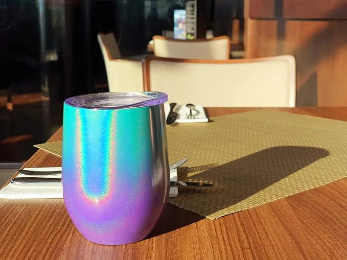 CHILLOUT LIFE 12 oz Stainless Steel Wine Tumblers 4 Pack - Double Wall Vacuum Insulated Wine Glasses Cups with Lids and Straws Set Keeping Cold & Hot for Coffee, Beer, Ice Cream - Mermaid Sparkle