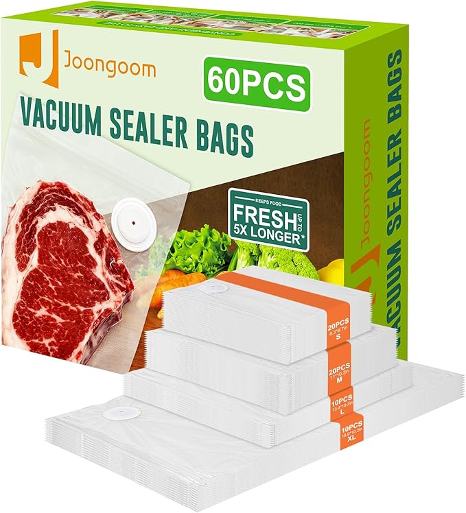 60PCS Vacuum Sealing Bags, Reusable Vacuum Sealer Bags for Food, BPA-Free Vacuum Zipper Bags, Sous Vide Bags for Food Storage (S, M, L, XL)