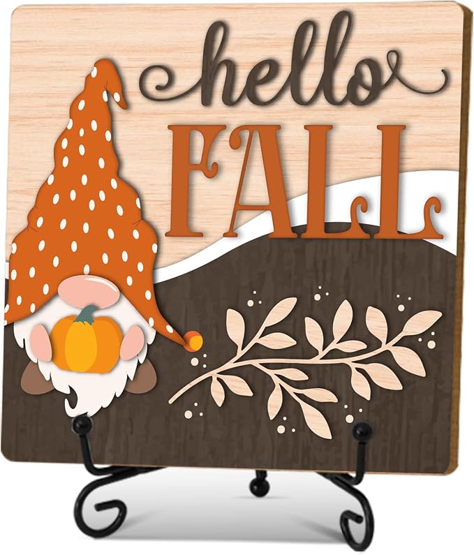 Hello Fall Home Decor Indoor, Autumn Gnome Thanksgiving Table Decor | 5"x5" Wood Plaque Gifts with Stand for Farmhouse Living Room Bathroom Kitchen Decoration - A03