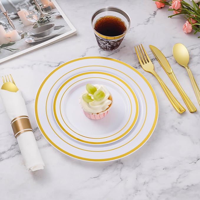 700 Piece Gold Plastic Dinnerware Set for 100 Guests | Disposable Dinnerware Includes: 100 Dinner Plates, 100 Dessert Plates, 100 Pre Rolled Napkins with Silverware, 100 Cups