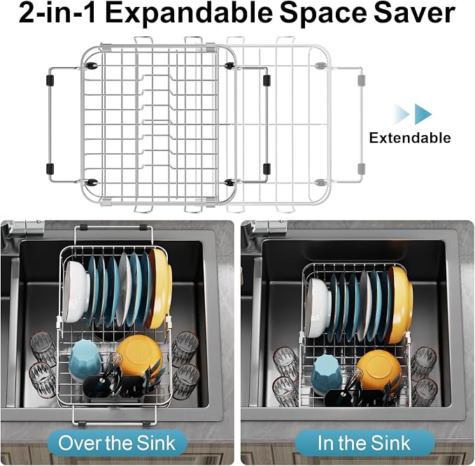 Small in Sink Dish Drying Rack - Expandable Stainless Steel Compact Over The Sink Dish Drainer with Utensil Holder for RV Kitchen Apartment, Silver