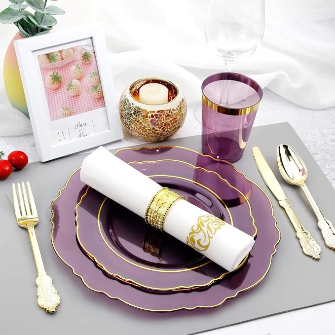 KIRE 210Pcs Purple Plastic Plates with Gold Rim& Silverware &Cups&Hand Napkin - Baroque Clear Plastic Dinnerware for Upscale Wedding/Parties Plates | Include 60pcs Clear Purple and Gold Plates, 30pcs Plastic Silverware, 30pcs Napkins and 30pcs Cups Ser...