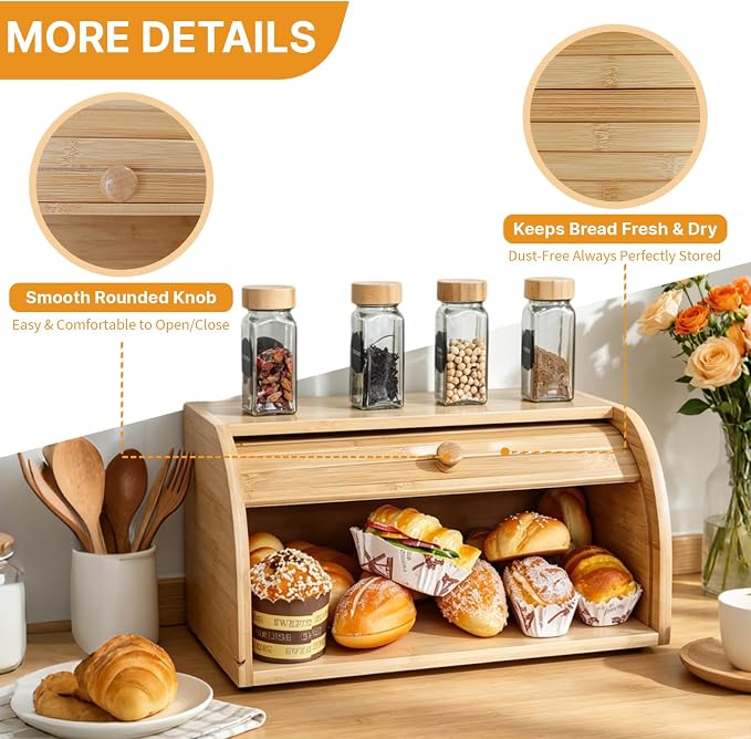Natural Bamboo Roll Top Bread Box for Kitchen Countertop | Food Storage Container with Assembly Required with rolling lid, vintage food keeper for muffins, bagels, cookies