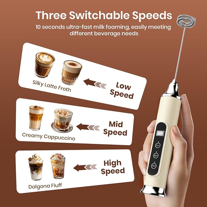 YUSWKO Milk Frother Wand for Coffee, Coffee Frother Handheld Drink Mixer | Rechargeable Mixer Wand, Waterproof Electric Whisk for Protein Powder, Lattes, Cappuccino, 3 Variable Speeds 3 Whisks, Beige