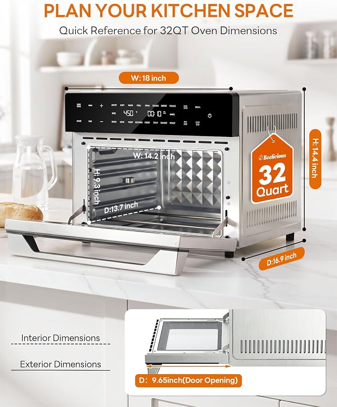 Beelicious 32QT Extra Large Air Fryer, 19-In-1 Air Fryer Toaster Oven Combo with Rotisserie and Dehydrator, Digital Convection Oven Countertop Airfryer Fit 13" Pizza, 6 Accessories, Stainless Steel