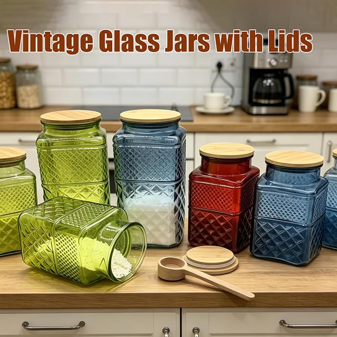 Viovian 60oz Square Glass Jar with Airtight Lid Blue Glass Storage Jars with Scoop,Vintage Glass Coffee Canister for Food Nuts