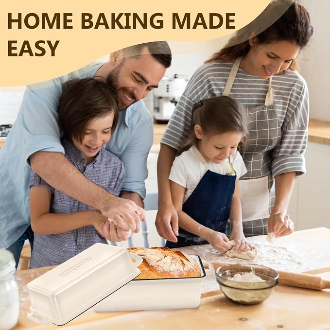 Wildone 2 in 1 Enameled Cast Iron Bread Pan with Lid, 9x5 Loaf Pans for Homemade Sourdough Bread, Cake, Meatloaf, Even Heating Bread Dutch Oven, Cream White