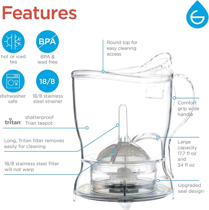 GROSCHE Aberdeen Smart Tea Maker BPA-Free Tea Infuser Clear 34 oz (1000 ml) | Drip-Free Bottom Dispenser, Coaster, Easy Brewing, Simple Cleanup, Tritan Build, Loose-Leaf Steeping, Stylish Design