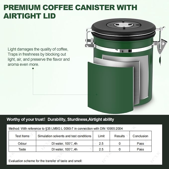 ShanSon Coffee Canister Airtight, Stainless Steel Bean Storage Container with Date Tracker & Scoop, Grounds Sugar Flour Tea Cereal Fits Kitchen Pantry, Ideal Gift for Coffee Lovers,22oz, Dark Green