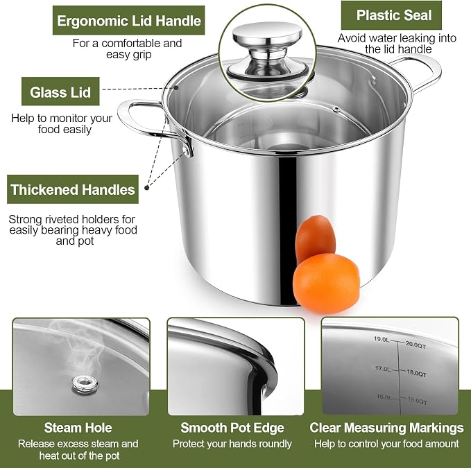 P&P CHEF 20 Quart Stock Pot with Lid, 20 Qt Large Stainless Steel Stockpot | Good for Cooking Pasta Soup, Cookware for Induction Gas Electric Stoves, Visible Lid & Measuring Markings, Dishwasher Safe