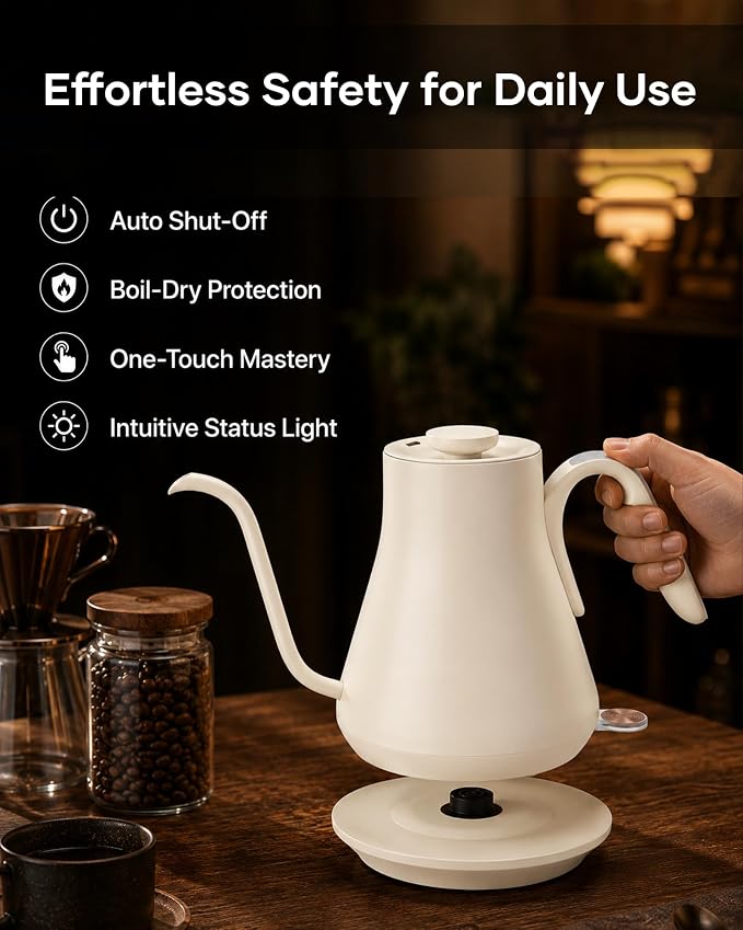Cocinare Gooseneck Electric Kettle 0.8L, Fast Boil Pour Over Coffee, Tea | 1440W Fast Boil, 304 Stainless Steel Interior, Gooseneck Precision Spout, Auto Shut-Off & Boil-Dry Protection, Morandi White