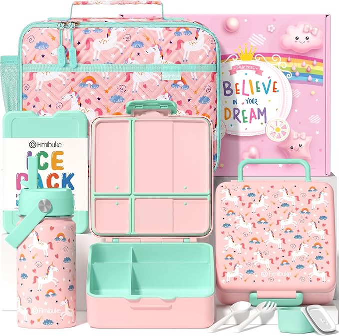 Fimibuke Kids Bento Lunch Box with Toddler Insulated Water Bottle Lunch Bag | Lunch Box Kids with 4 Compartments, Ice Pack & Utensils Set, Birthday Gifts for Ages 3-12 Back to School Toddler Girls Boys
