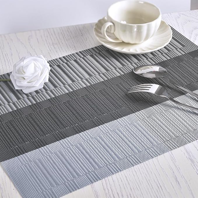 homEdge PVC Placemat, 4 PCS of Non-Slip Heat Resistant Place Mats, Washable Vinyl Placemats, Set of 4 – Ombre Silver Gray Black