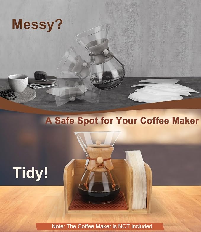 Bamboo Caddy with Lid & Heatproof Trivets Mat for Chemex CoffeeMakers | Bamboo Cup not Included - Designed for Chemex Pour - Over Glass Coffeemaker(3/5/6/8/10Cup), for Bodum Pour Over Coffee makers