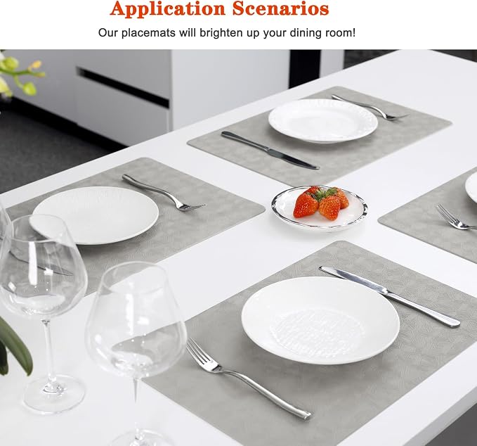 Light Gray Vinyl Placemats Set of 8 Waterproof Wipeable Table Mats | Heat Resistant Easy Clean Place Mats Faux Leather Table Mats Washable PVC Table Placemats for Dining Table(Light Gray)